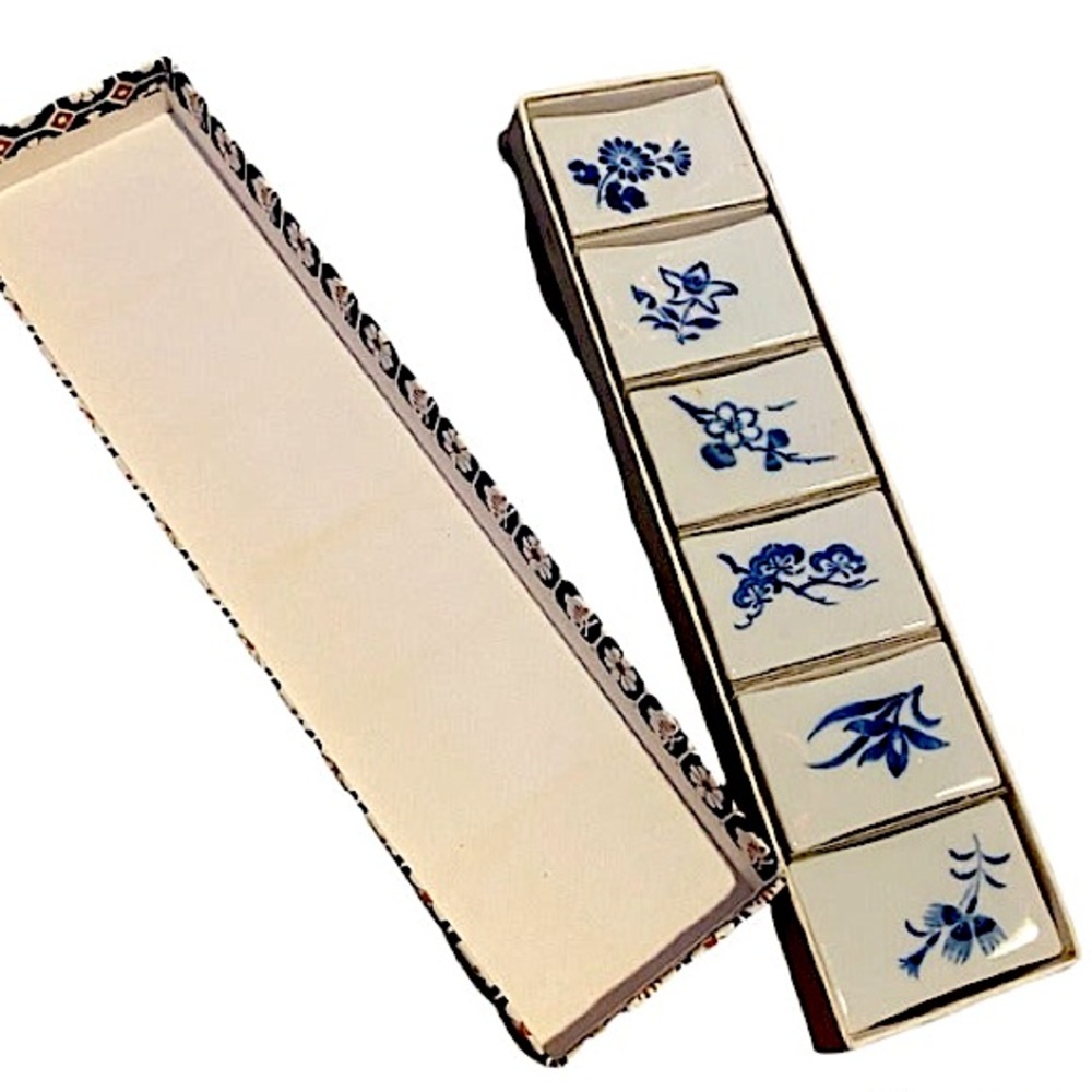 Vintage Chopstick Rests Six Pc Set Japan Hand-painted Porcelain Blue and Cream